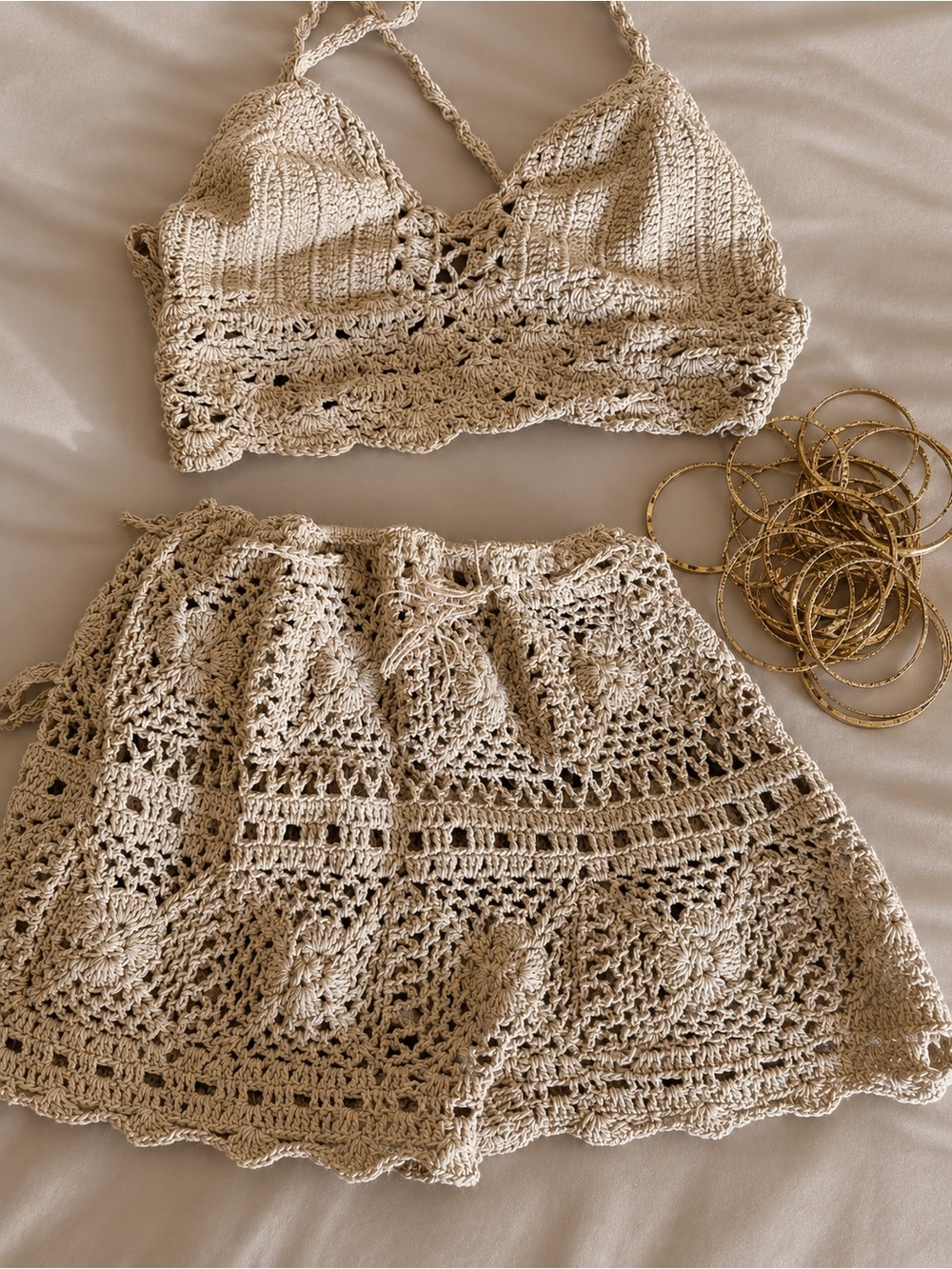 Crochet 🧶 Handmade ✨Organic Elegant Two-Piece Set in Taupe- brand new - Picture 3 of 5
